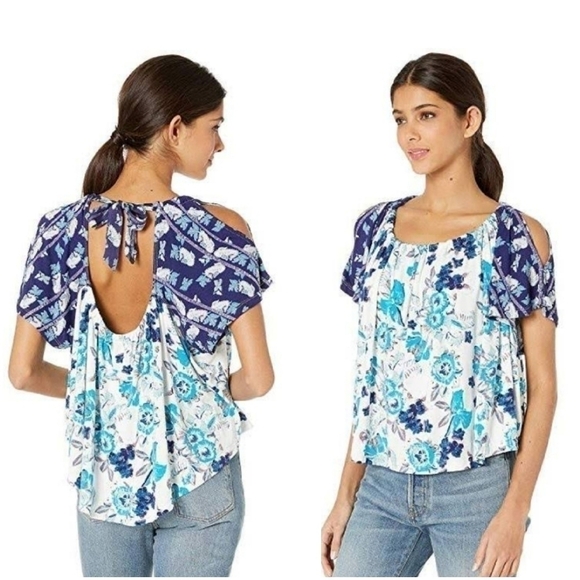 Free People Blue Floral Boho Baja Babe Open Tie Back Cold Shoulder Flowy Top XS - Picture 1 of 9